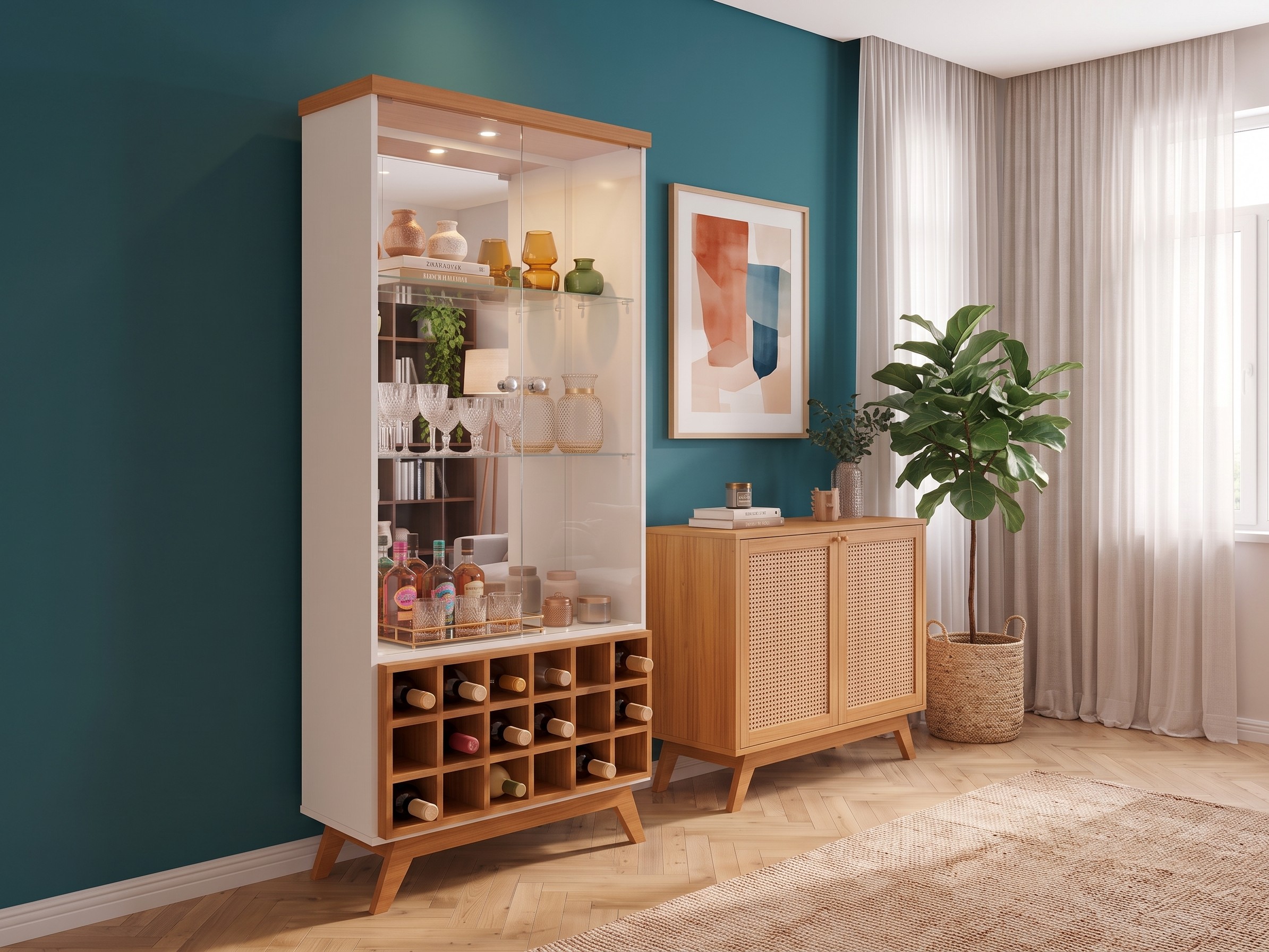 Cristaleira Adega C712L Off White com LED Cristaleira adega alta C712L Ciello em MDF off-white e tom freijó, com portas de vidro, LED aceso mostrando taças e nichos inferiores com garrafas de vinho.