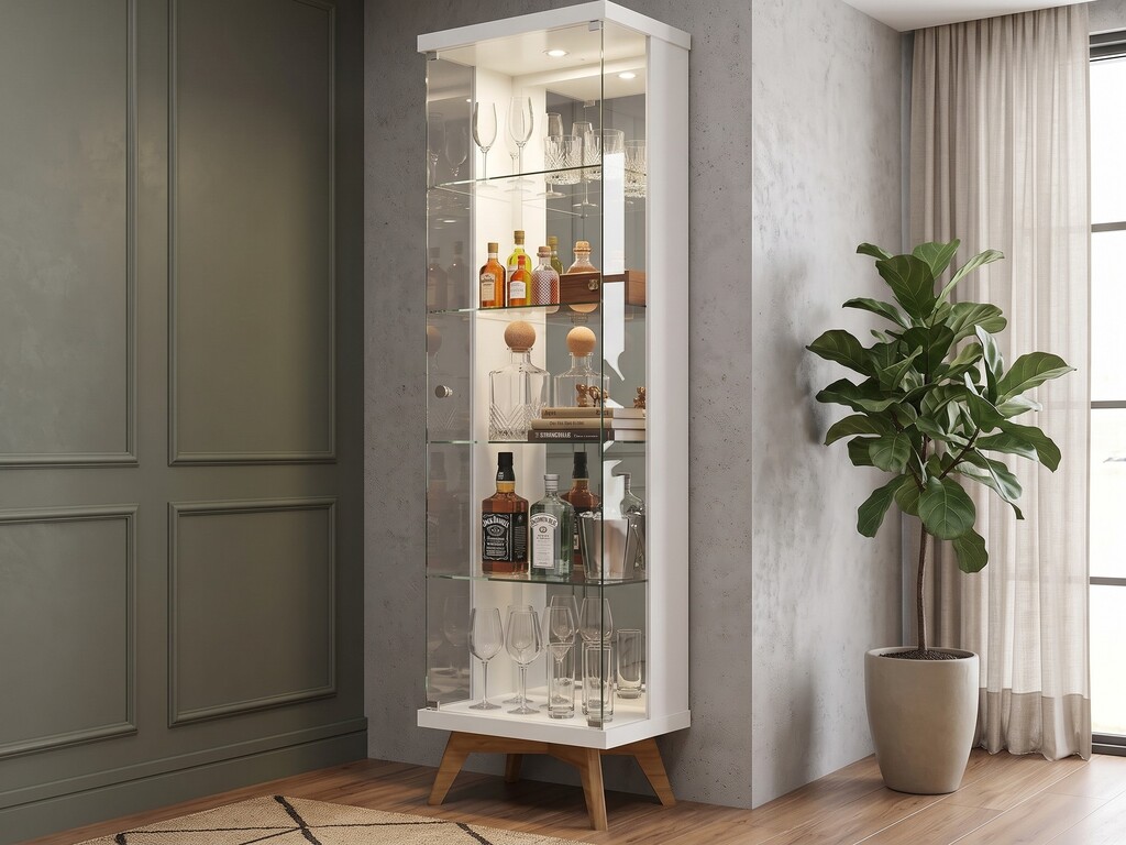 cristaleira-retro-led-espelhada-c715l-off-white-freijo-ciello Cristaleira retrô C715L Ciello na cor off-white com pés palito em madeira freijó, porta de vidro, iluminação LED acesa e fundo espelhado com garrafas e taças.