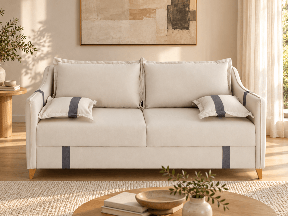 Estofado Veleiro 2 Lugares Bege Sofá de estilo living bege de 2 lugares, modelo Estofado Veleiro, com detalhes retos em cinza nos braços e base. Possui braços slim finos de 10 cm e pés de madeira, ambientado numa sala bem iluminada.