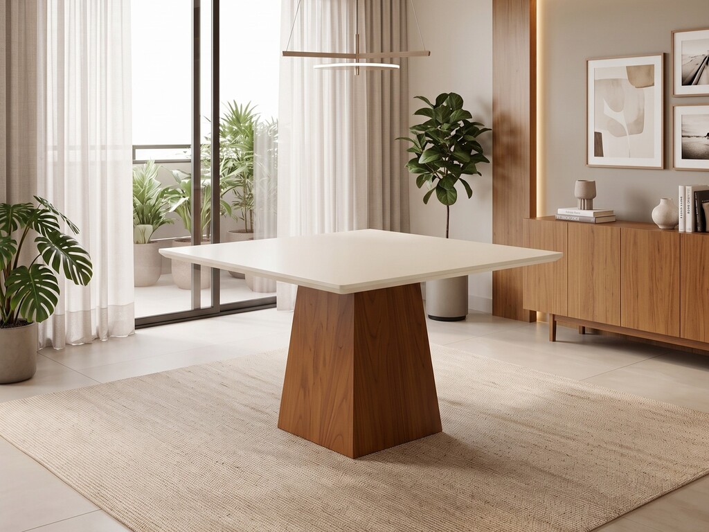 Mesa de Jantar Quadrada Off White na Sala Mesa de jantar quadrada Ciello com tampo laqueado off-white e base pedestal de madeira, posicionada no centro de uma sala de jantar moderna com aparador ao fundo e iluminação natural.