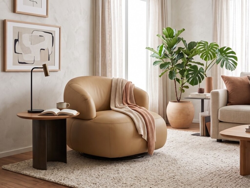 Poltrona Boss em Couro Bege Caramelo Poltrona Boss em couro tom bege/caramelo com formas curvilíneas e volumosas em uma sala de estar contemporânea sobre tapete claro, acompanhada de mesa lateral e planta.