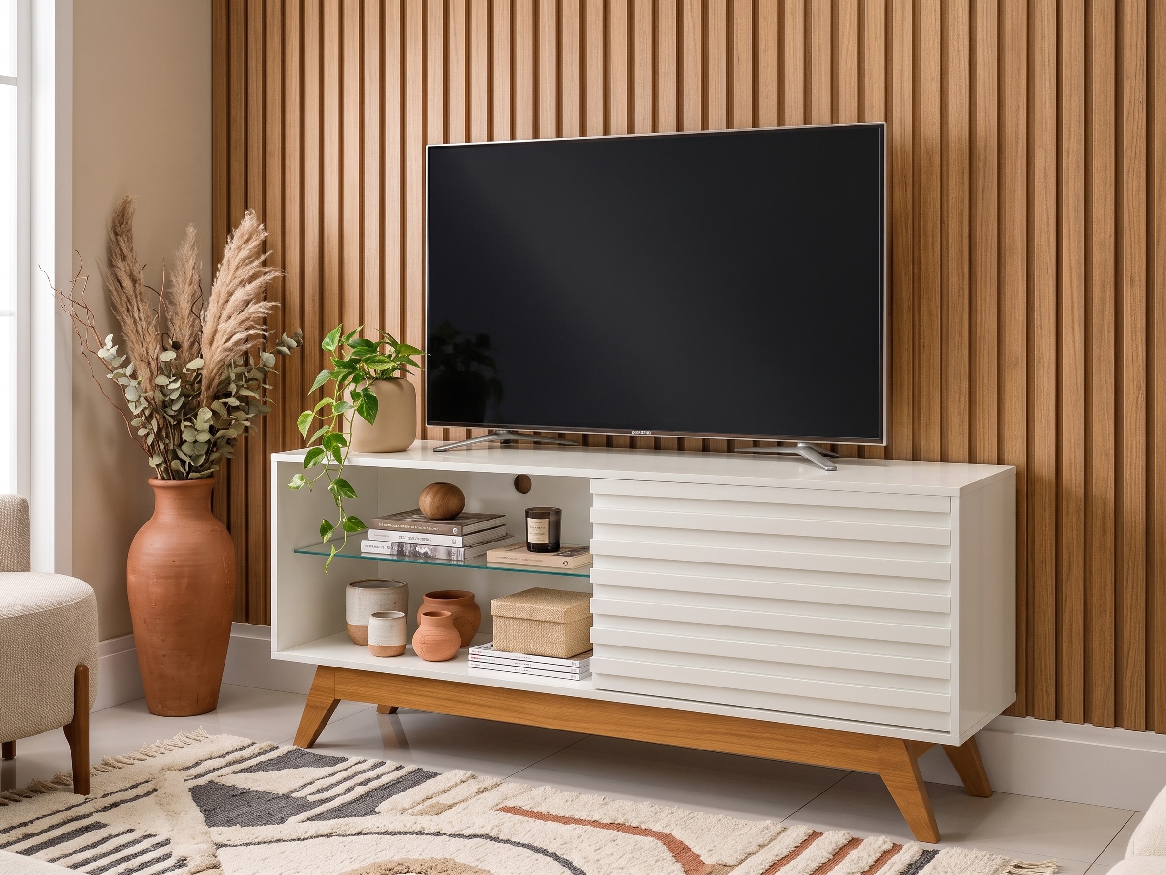 Rack Retrô 140cm Dalla Costa para TV 55 Visão frontal do rack retrô R514 Dalla Costa branco com TV sobre o tampo, prateleira de vidro temperado com objetos e porta ripada.
