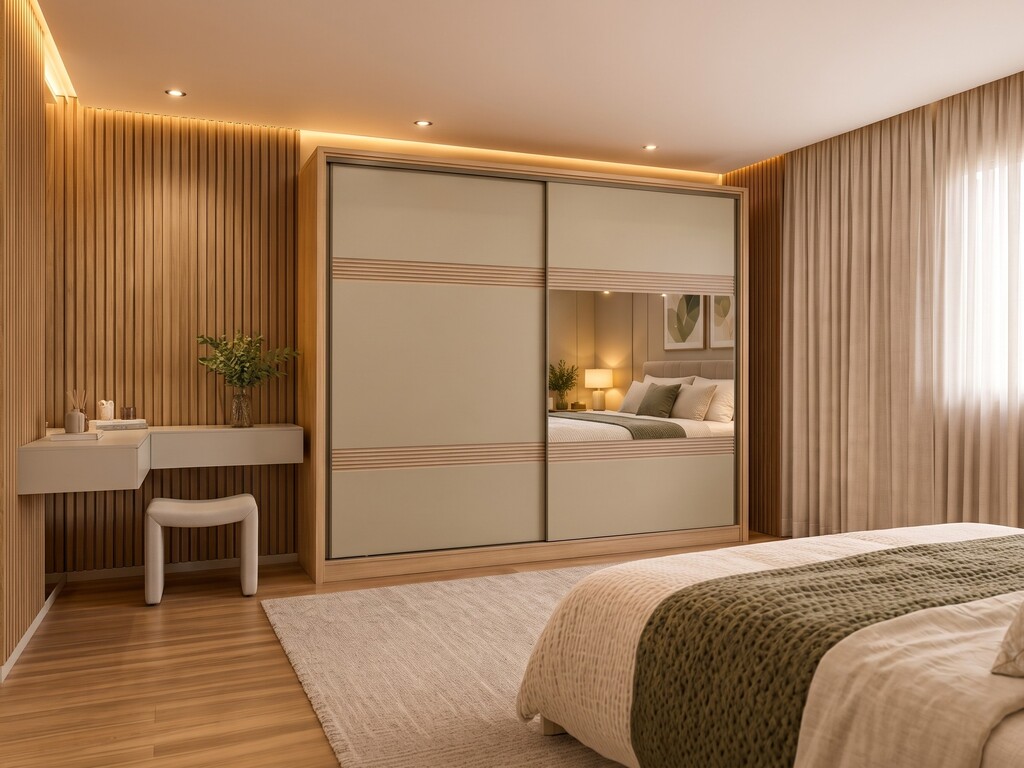 Roupeiro Coliseu 0922M 100% MDF com Espelho Roupeiro Coliseu 0922M Ciello em MDF nas cores angelim e off-white, com duas portas de correr, detalhe canelado e painel de espelho num quarto de casal moderno.